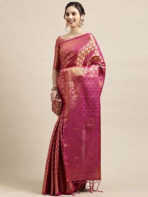 Pink & Gold-Toned Woven Design Zari Silk Blend Banarasi Sarees