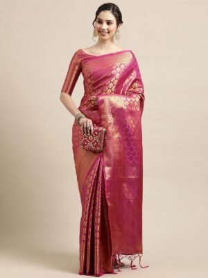 Pink & Gold-Toned Woven Design Zari Silk Blend Banarasi Sarees