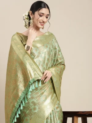 Sea Green & Gold-Toned Ethnic Motifs Woven Silk Blend Banarasi Sarees