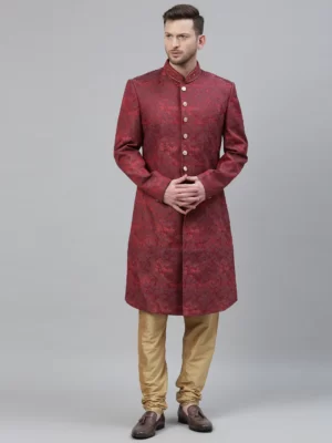 Men Red & Gold-Toned Printed Straight Sherwani Set
