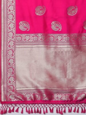 Pink & Silver-Toned Paisley Zari Silk Blend Banarasi Saree