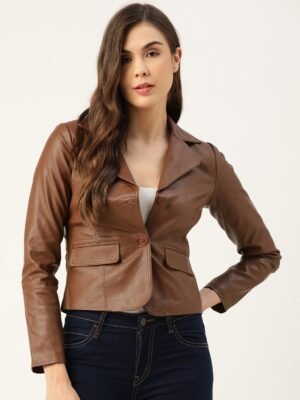 Women Brown Solid Lightweight Leather Jacket