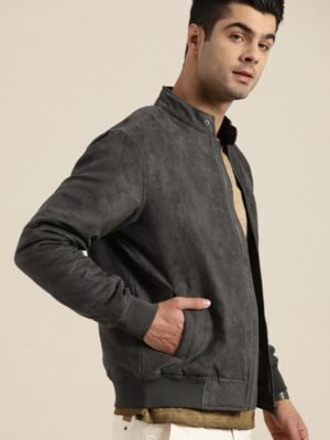 Men Charcoal Grey Suede Finish Solid Bomber Jacket