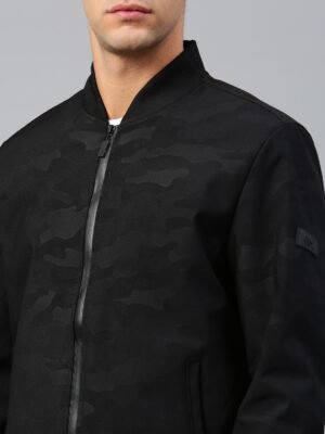 Men Black & Grey Camouflage Printed Running Bomber Jacket